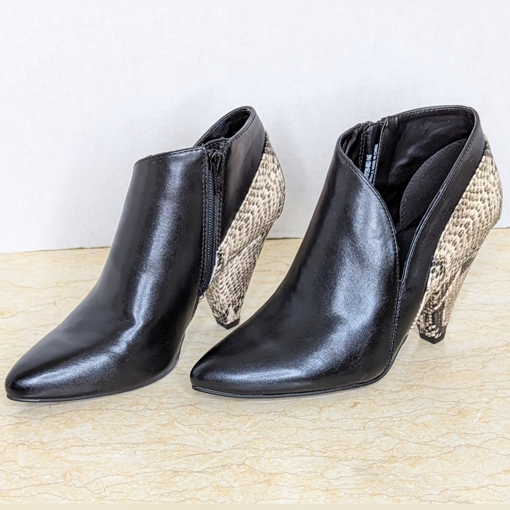 The Limited Nadalie Bootie Black Faux Snakeskin Open Side Pointed Toe Heeled